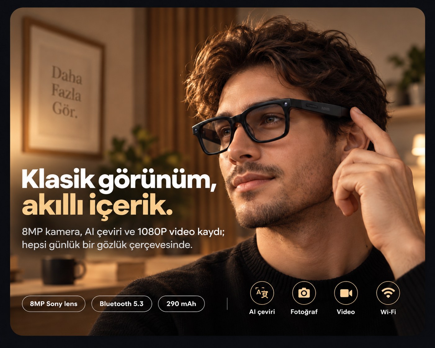 Akıllı gözlük — klasik görünüm, akıllı içerik. 8MP Sony lens, Bluetooth 5.3, 290 mAh